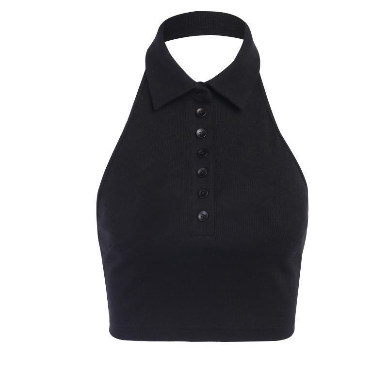Buttoned sleeveless vest with halter lapel