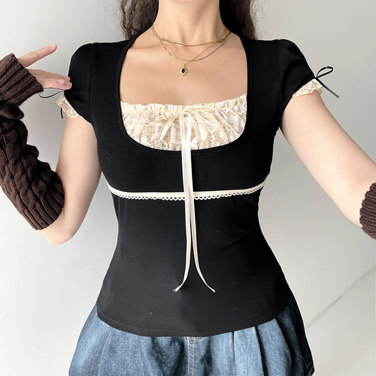 Lace Stitching Bow Square Collar High Waist Short Sleeve T-shirt Top free delivery