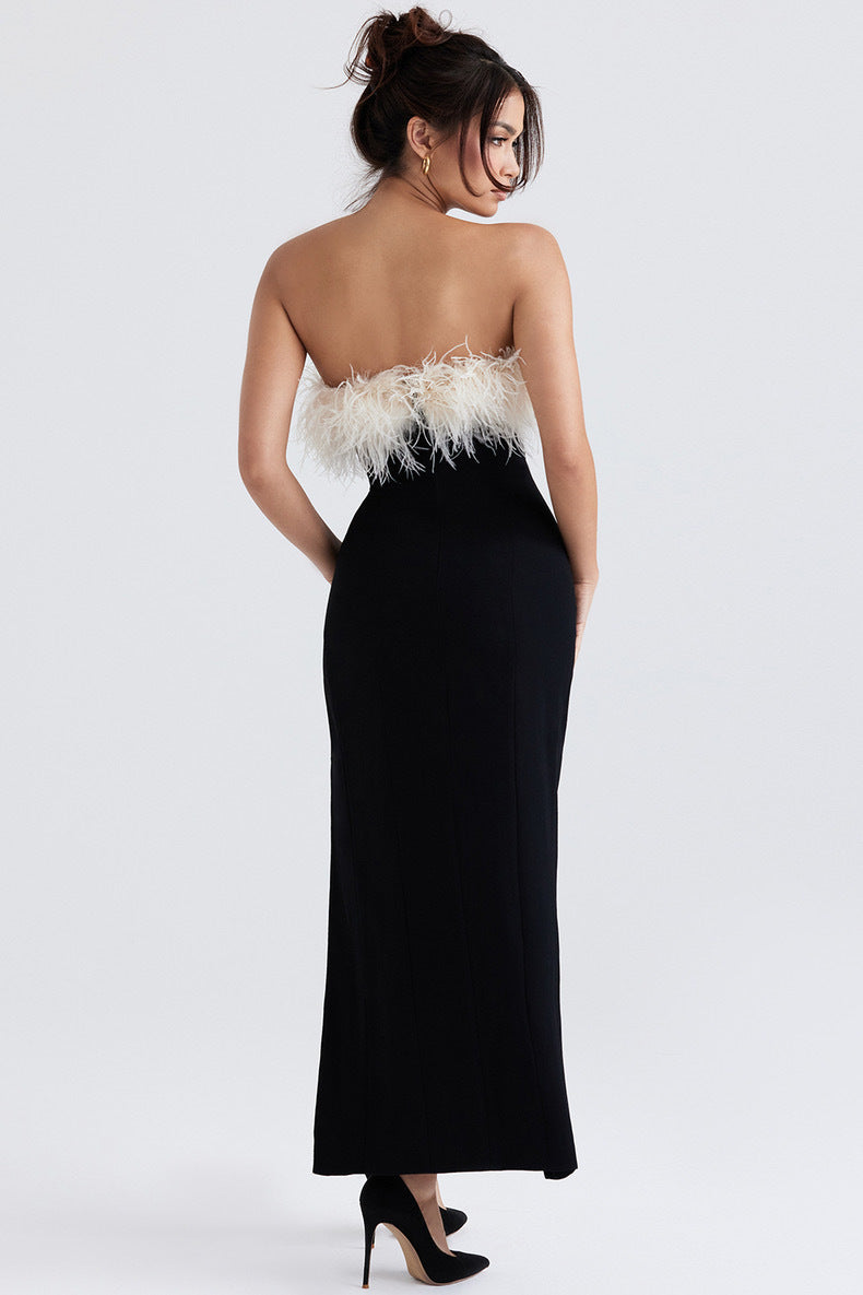 A European And American Off-shoulder Contrast Color Ostrich Hair Tube Top High Slit Bandage One-piece Dress free delivery