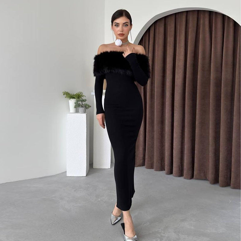 A Off-shoulder Fur Collar Slim Fit Dress Women free delivery
