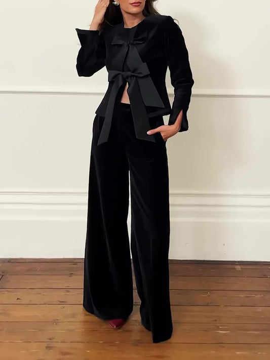 A Black Velvet Bow Jacket & Wide-Leg Pants Suit | Elegant Women’s Evening Outfit with Free Delivery