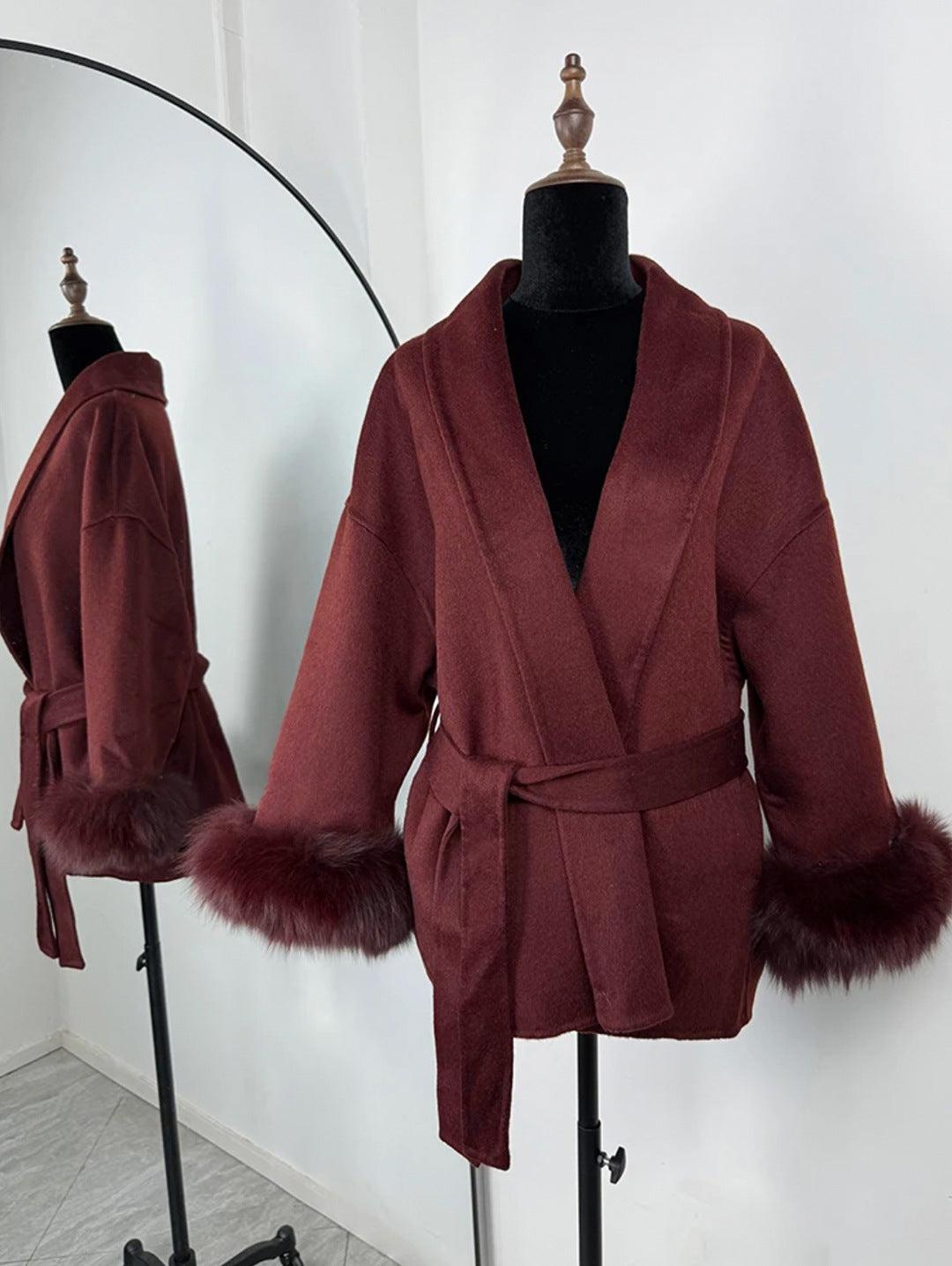 A Fur V-neck Lace-up French Woolen Coat free delivery