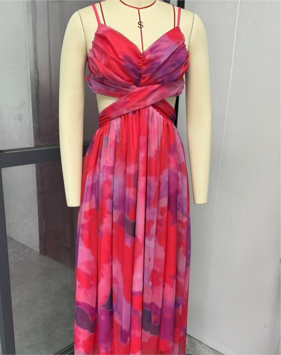 A Mesh Printing Slip Dress Holiday Leisure Party free delivery