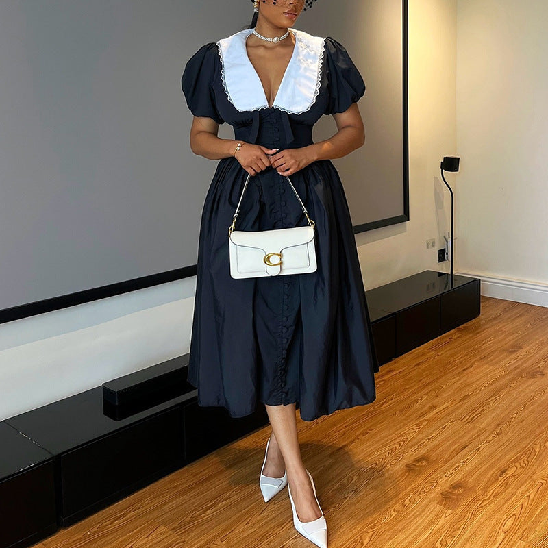 A Elegant Puff Sleeve A-Line Dress | High Waist Temperament-free delivery
