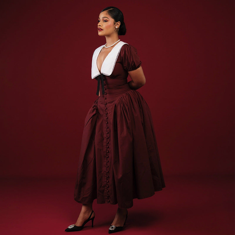 A Elegant Puff Sleeve A-Line Dress | High Waist Temperament-free delivery