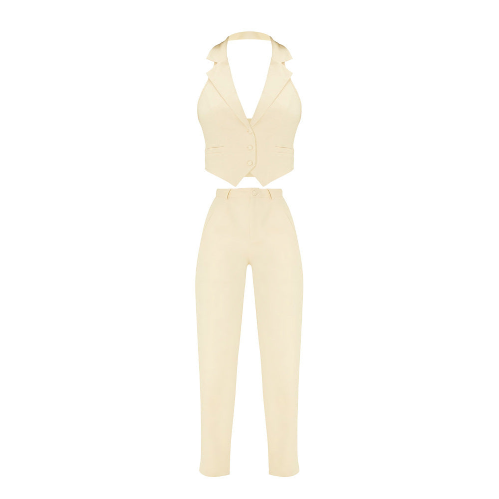 A Niche Women's Asymmetric Collar Halter Vest Suit Casual Trousers Two-piece Set free delivery