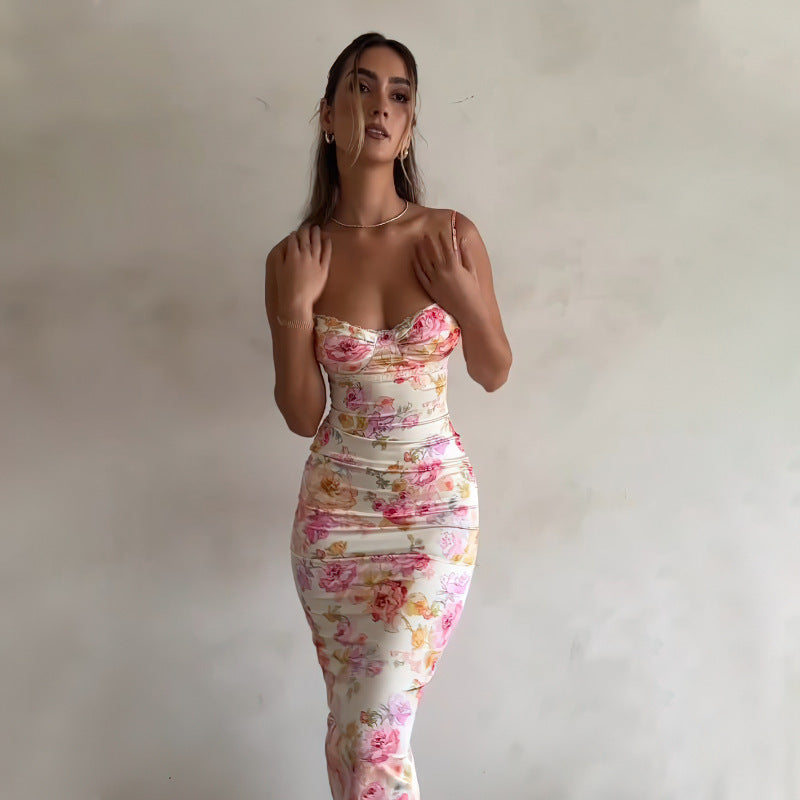A Fashion Printed Backless Sling Dress free delivery