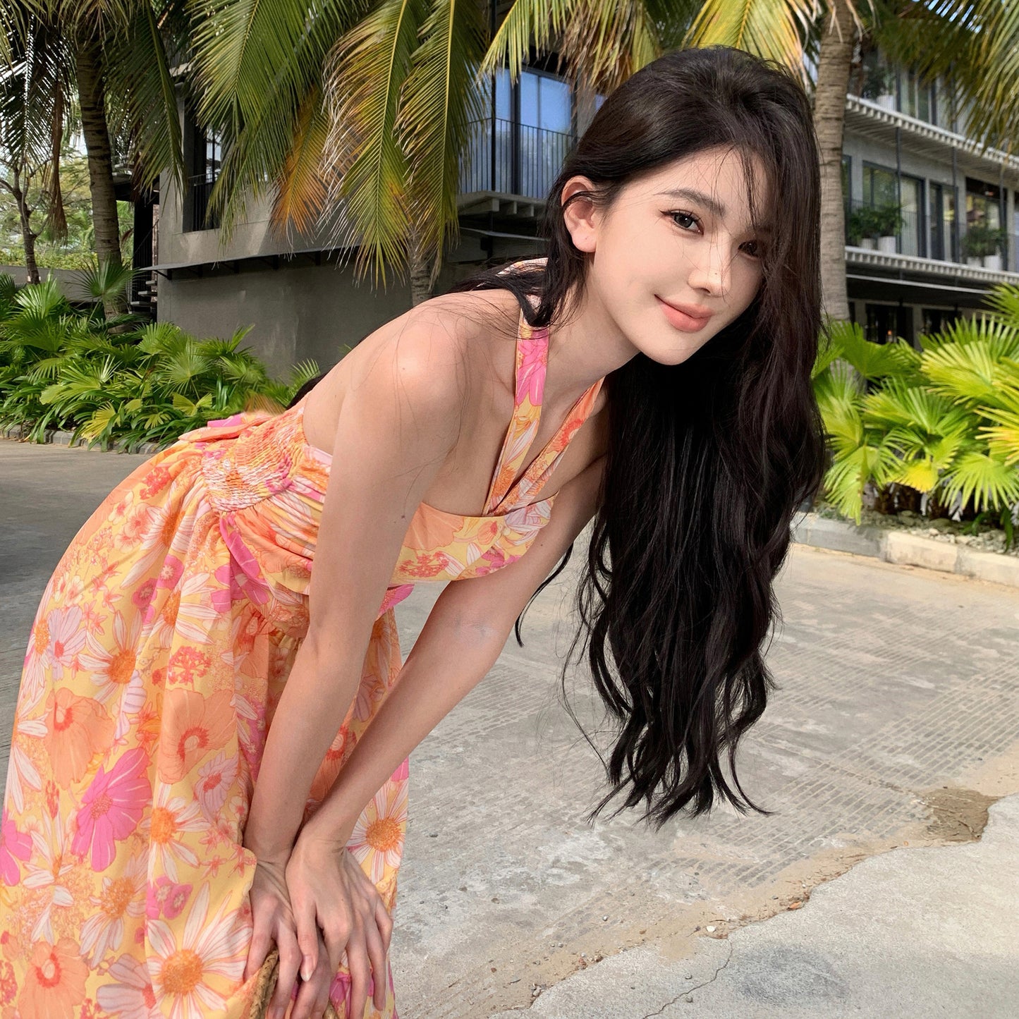 A Korean Seaside Holiday Beach Dress Chiffon Floral Backless Tube Top free delivery