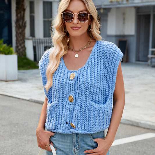 A Women's V-neck Three-button Sleeveless Cardigan free delivery