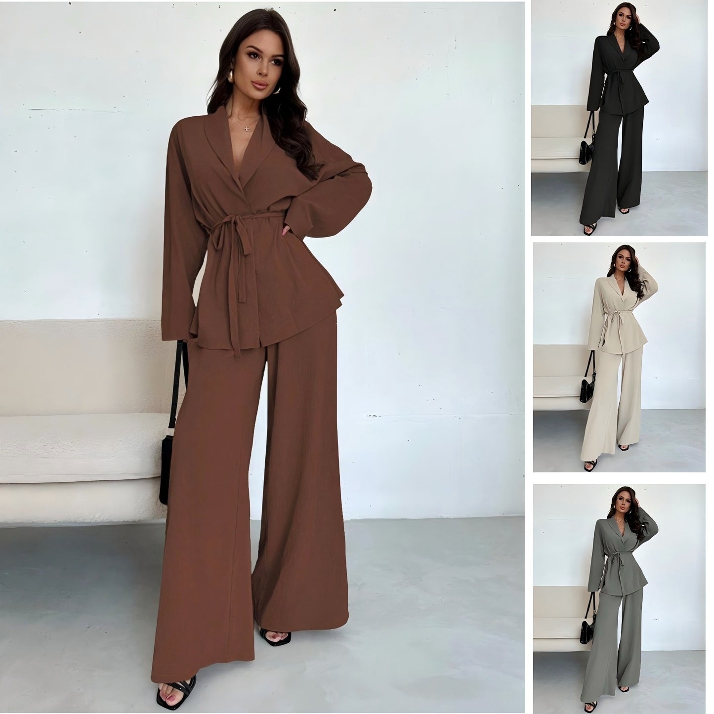 A V-neck Women's Temperament Long Sleeve Elegant Wide-leg Pants Suit free delivery
