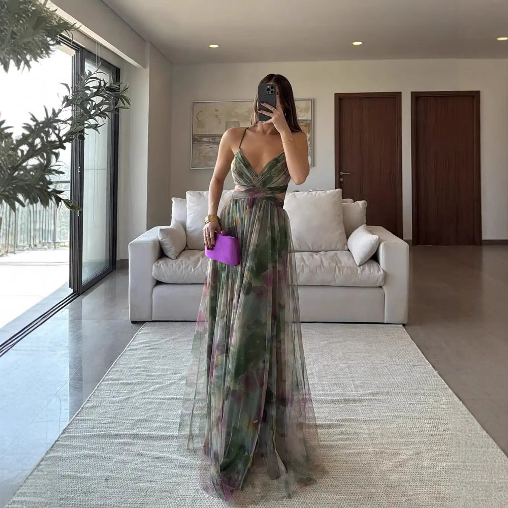 A Mesh Printing Slip Dress Holiday Leisure Party free delivery