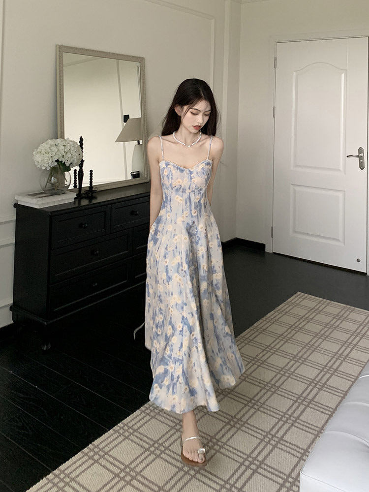 Blue Floral Halter Skirt Dress Two-piece Set free delivery