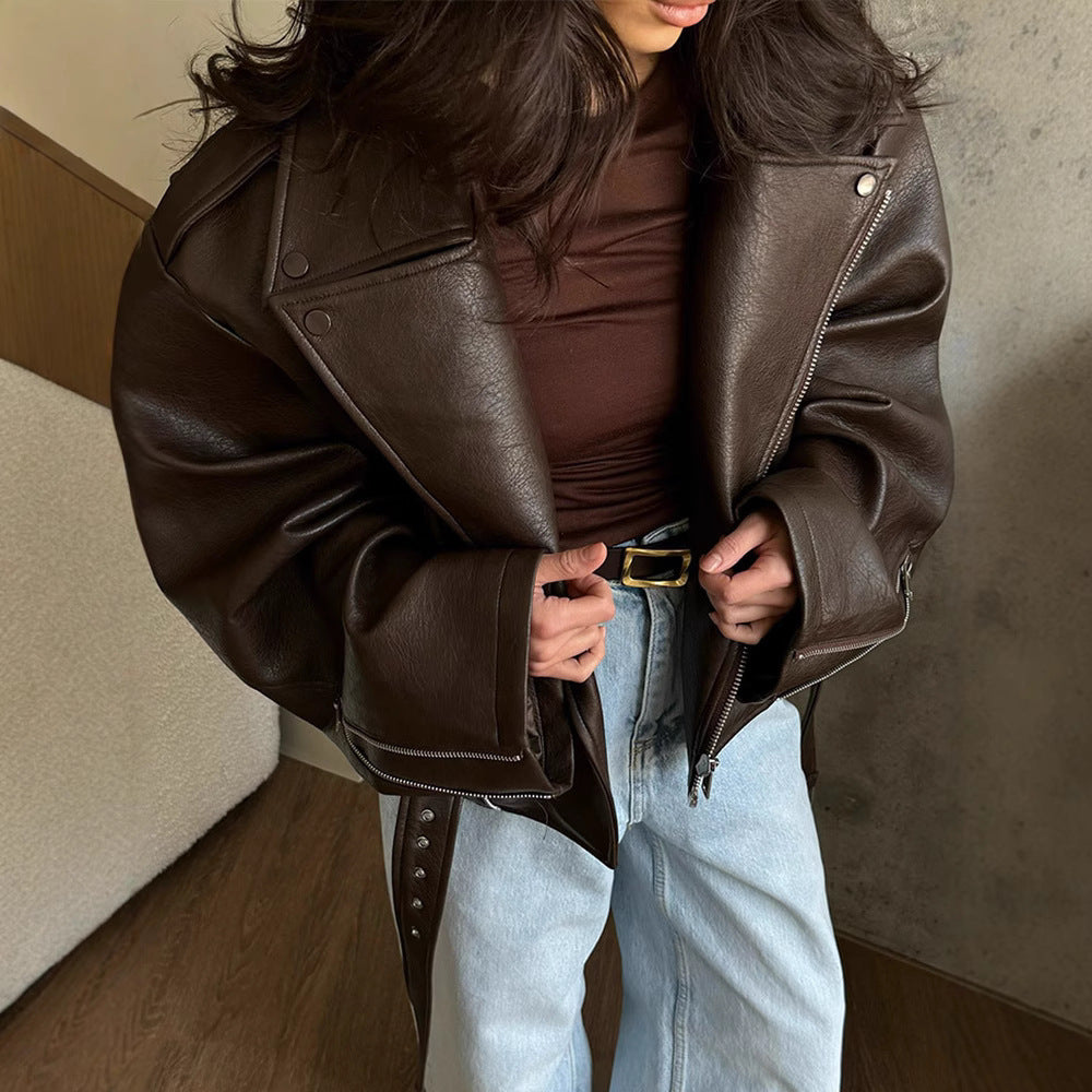 A Lady Temperament Short Lace Up Leather Coat free delivery