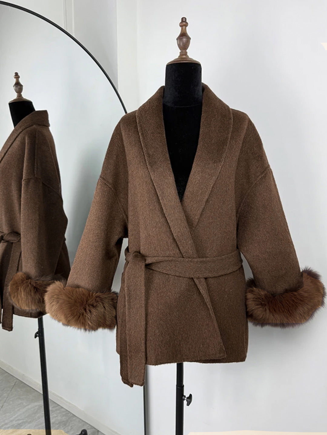 A Fur V-neck Lace-up French Woolen Coat free delivery
