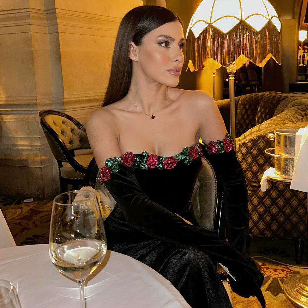 A Flower Sequin Lace Decoration Velvet Skirt free delivery