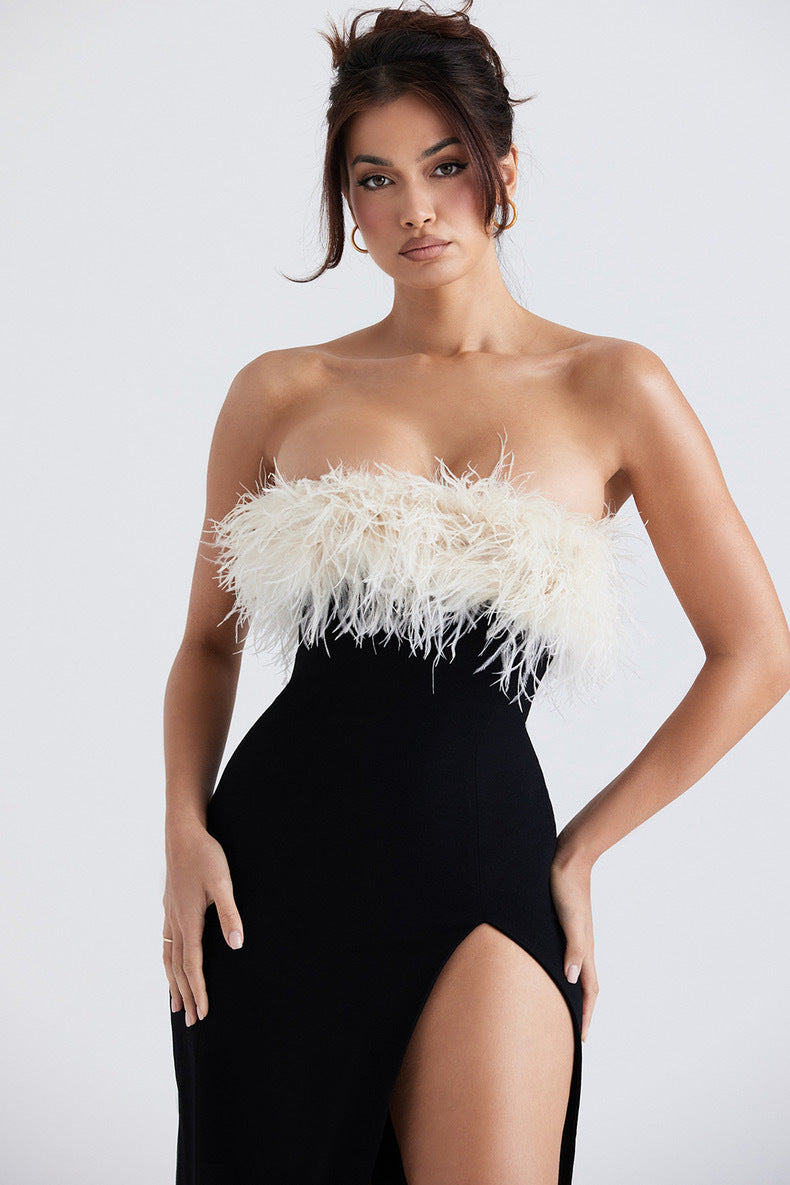 A European And American Off-shoulder Contrast Color Ostrich Hair Tube Top High Slit Bandage One-piece Dress free delivery