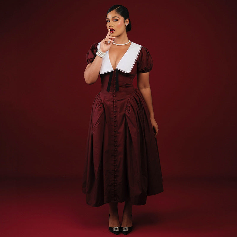 A Elegant Puff Sleeve A-Line Dress | High Waist Temperament-free delivery