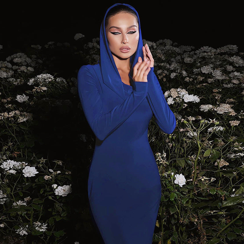 Solid Color Slim-fit Hood Long Sleeve Dress