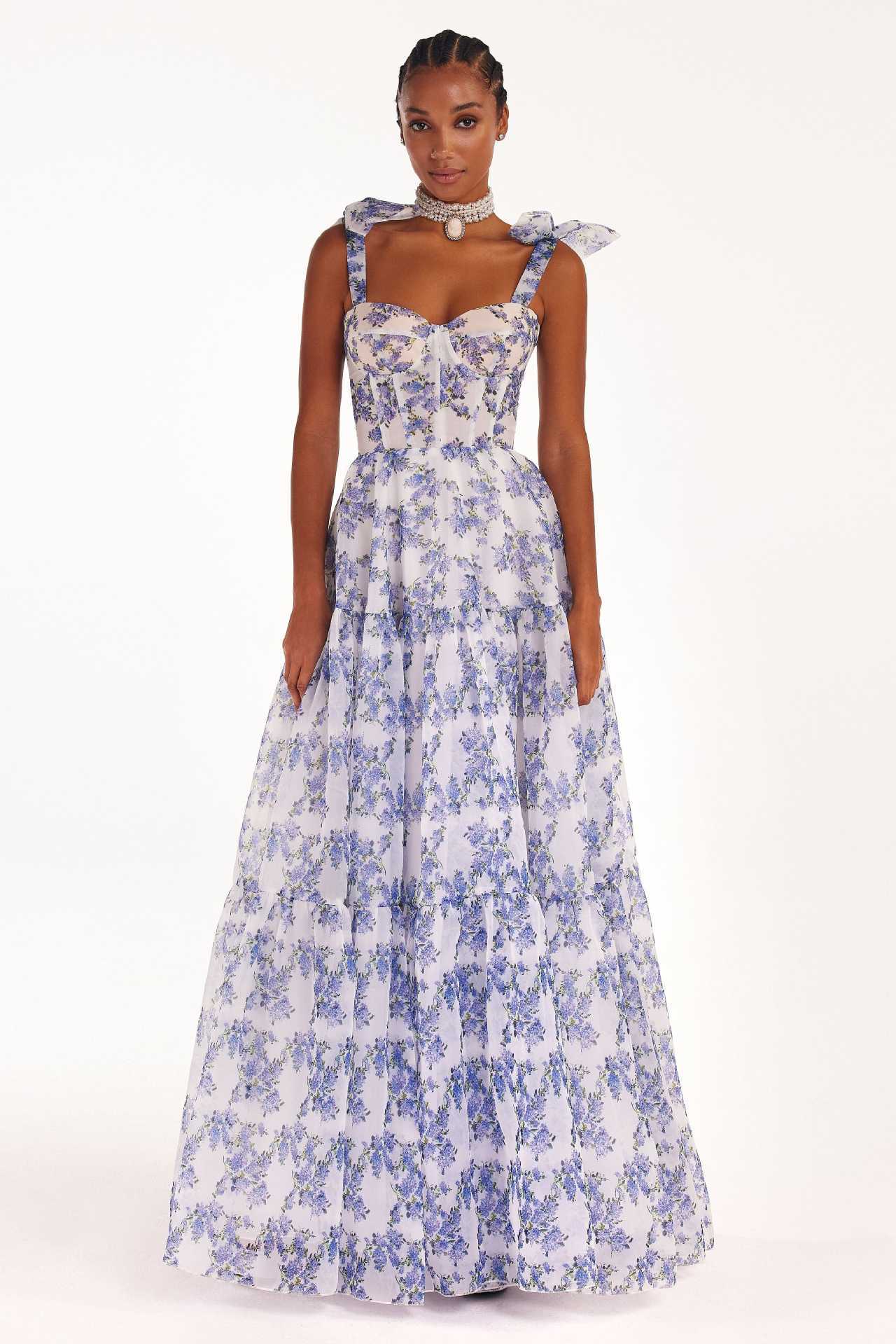 A Floral Off-the-shoulder Strap Lace-up Large Swing Skirt Organza Dress free delivery