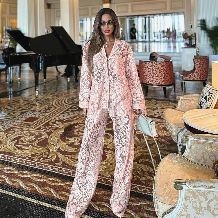 A Lace See-through Sexy Fashion Lapel Shirt Pants Suit free delivery