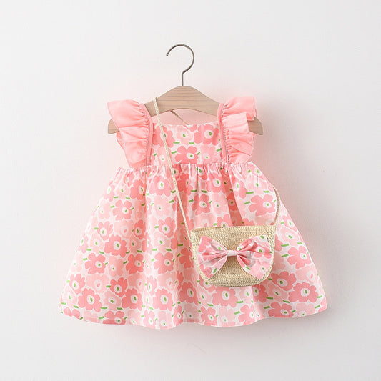 Baby Girl Flounced Sleeve Dress Free Bamboo Basket Satchel free delivery