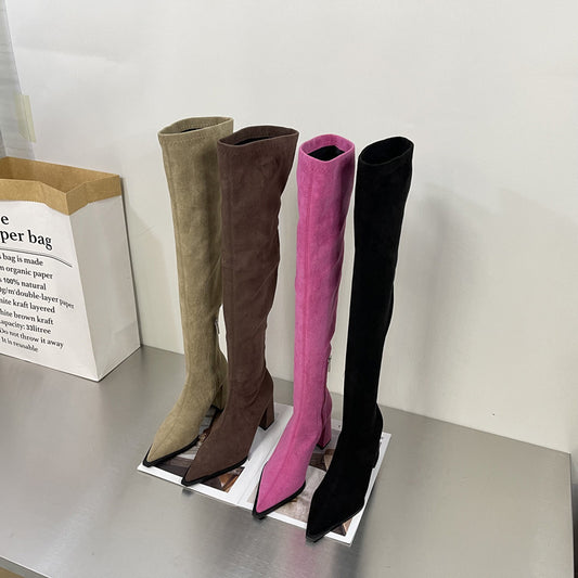 A Chunky Heel High Heel Long Suede Zipper Stretch Thin Boots free delivery