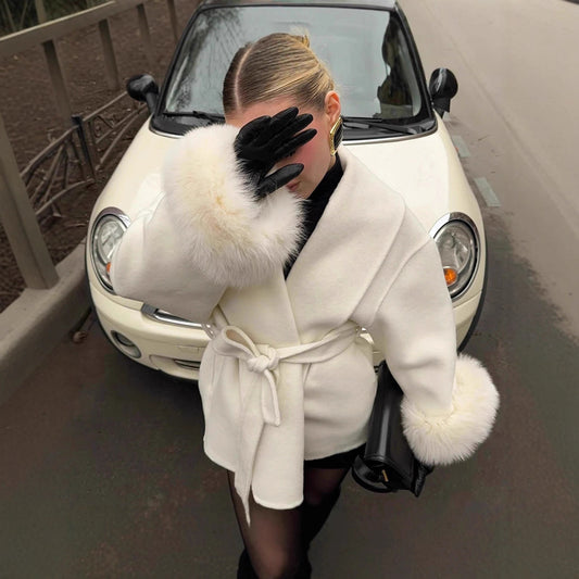 A Fur V-neck Lace-up French Woolen Coat free delivery
