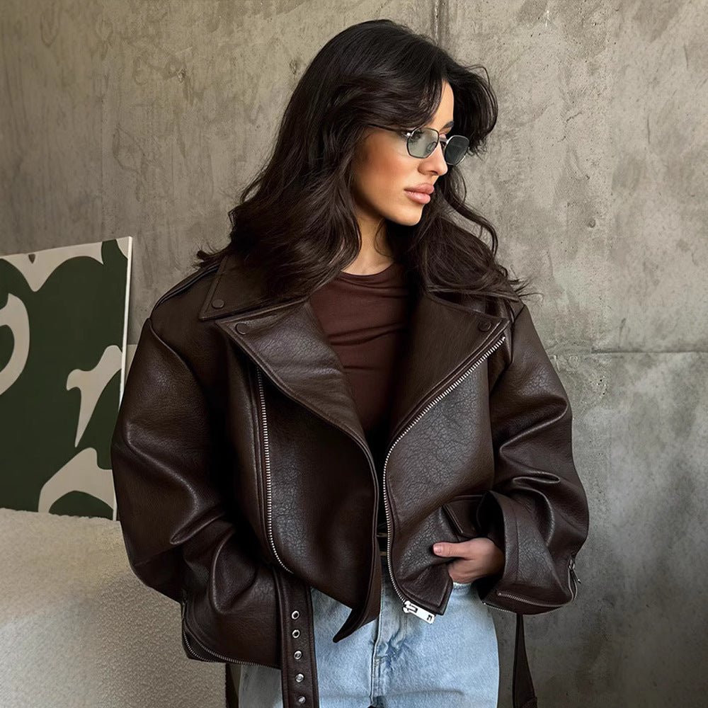 A Lady Temperament Short Lace Up Leather Coat free delivery