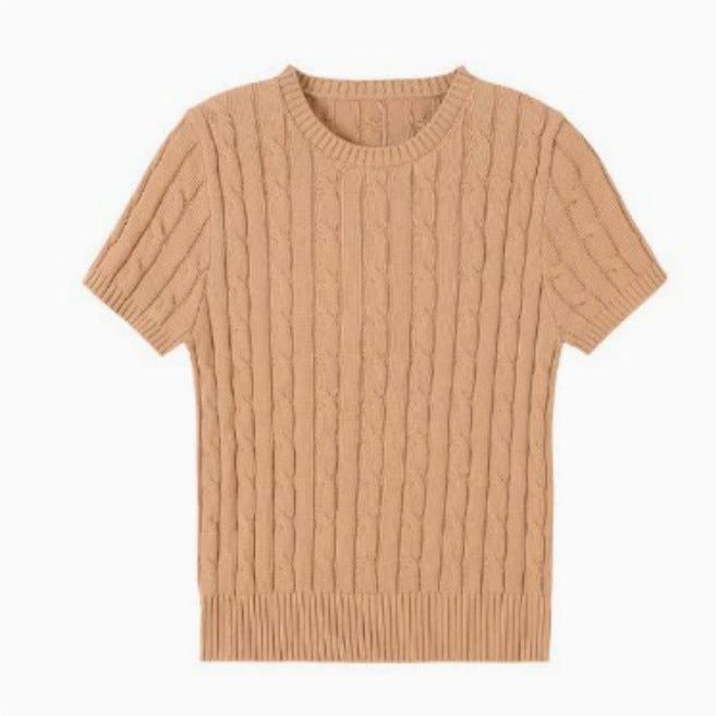 Simple Round-neck Comfortable Rib Short Sleeve Pullover Sweater free delivery