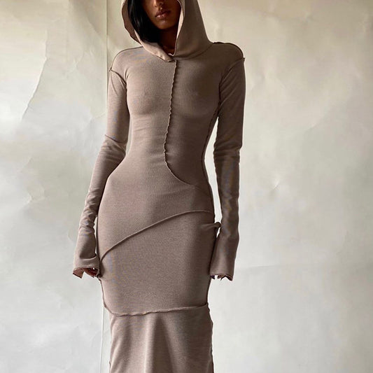 Reverse Stitch Long - Sleeved Dress With Hooded Hood