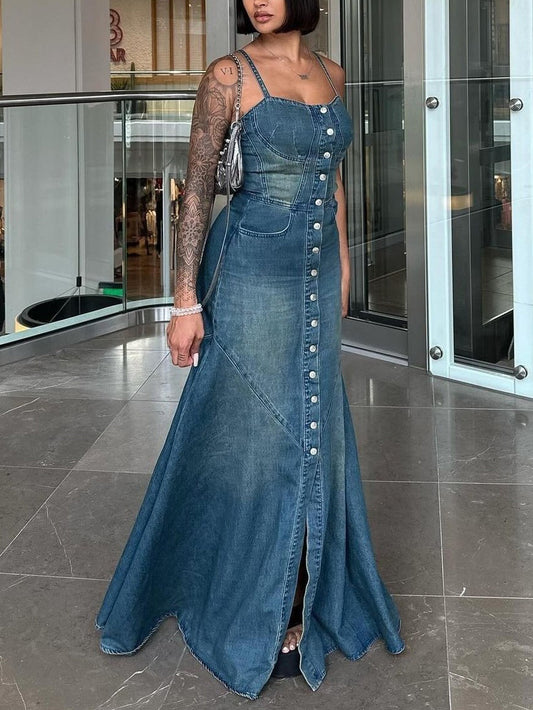 A Denim Single-Breasted Suspender Dress - Women's Vintage Fashion with Free Delivery