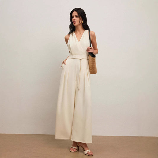 Women's Solid Color And V-neck Sleeveless Fashion Casual Jumpsuit free delivery