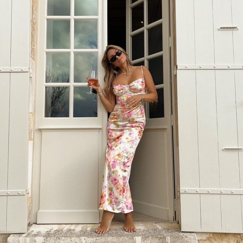 A Fashion Printed Backless Sling Dress free delivery