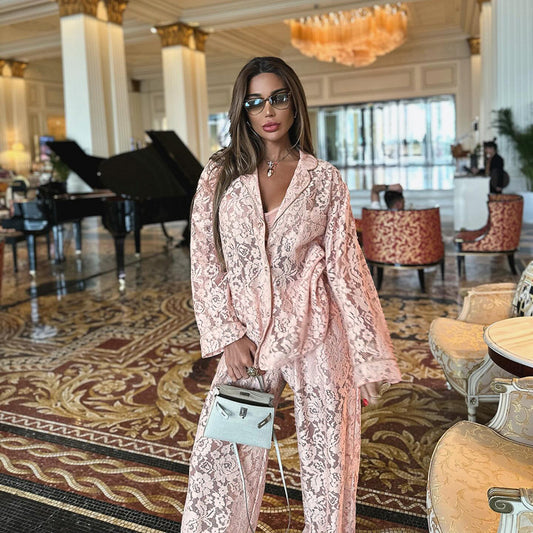A Lace See-through Sexy Fashion Lapel Shirt Pants Suit free delivery