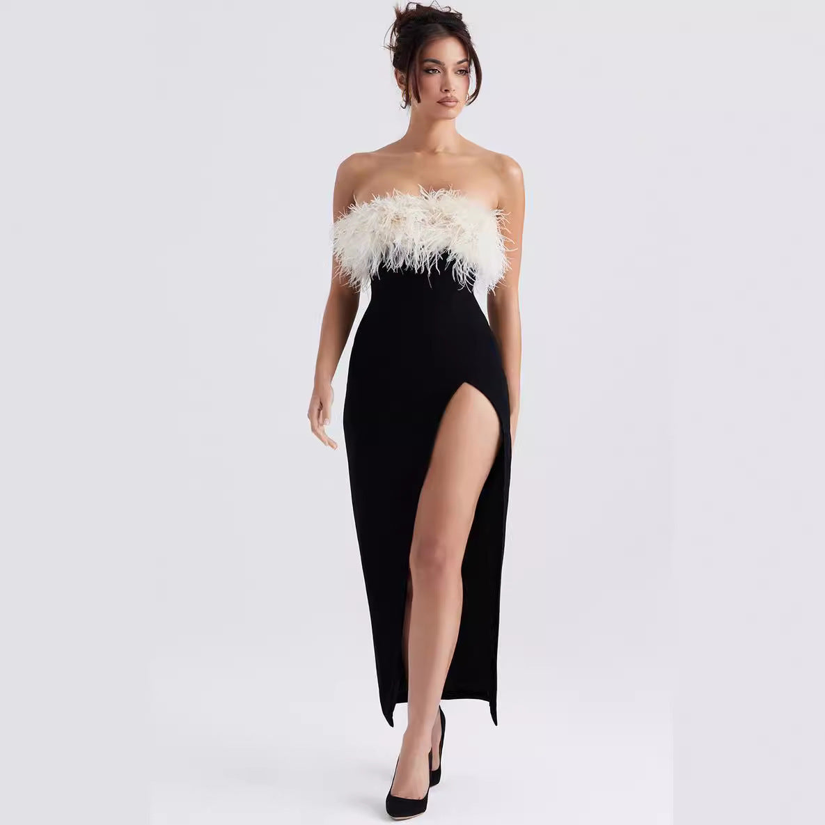 A European And American Off-shoulder Contrast Color Ostrich Hair Tube Top High Slit Bandage One-piece Dress free delivery