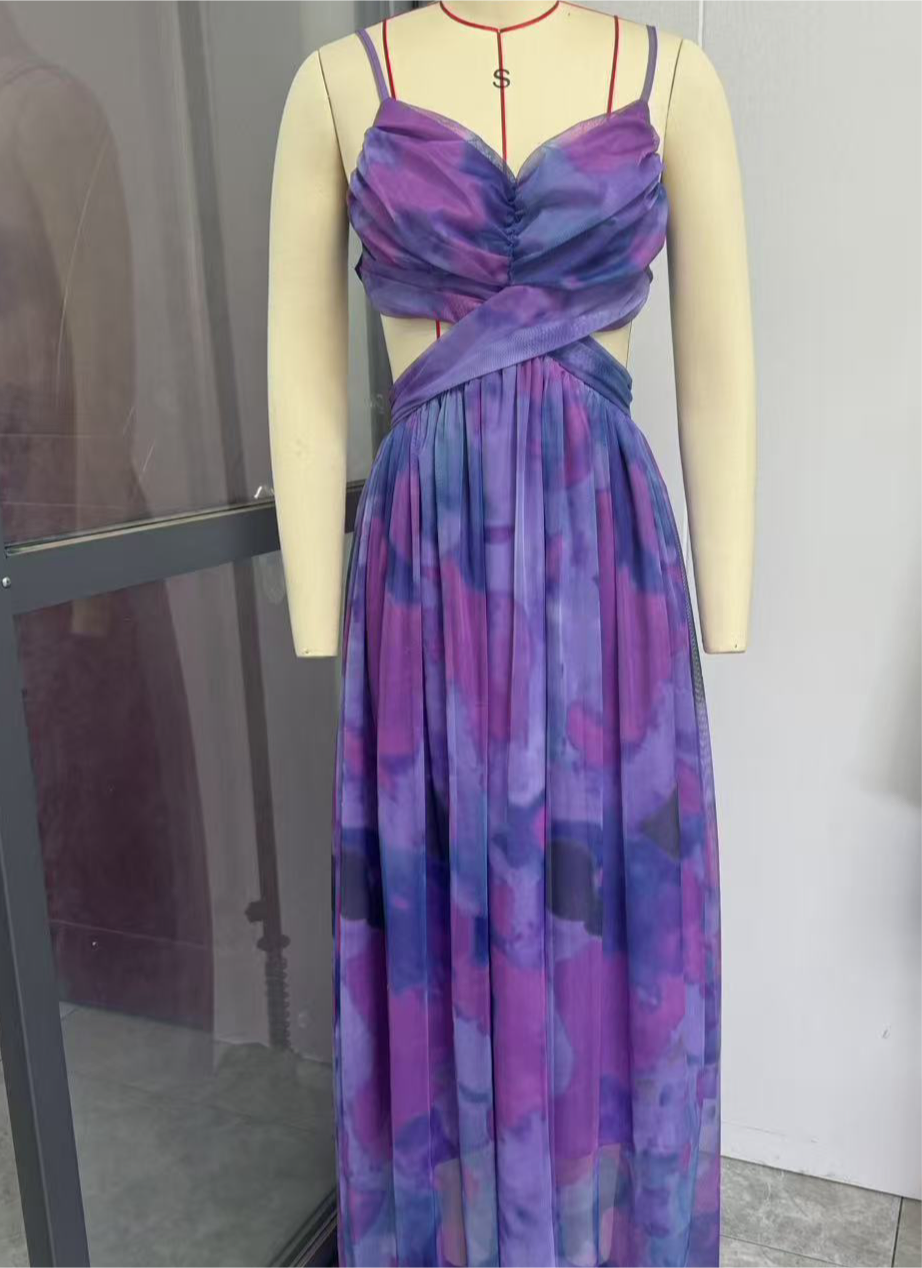 A Mesh Printing Slip Dress Holiday Leisure Party free delivery
