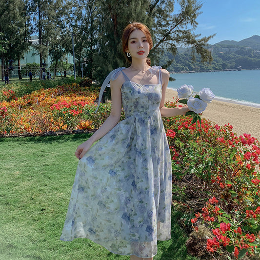 A Korean Tea Break French Niche Suspender Dress Oil Painting Style free delivery