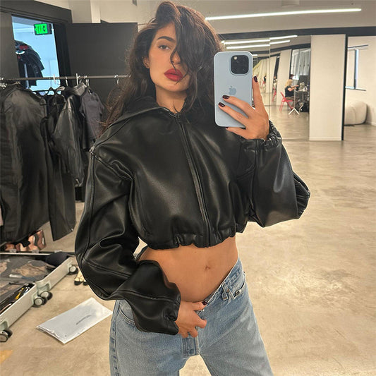 A Kylie Jenner New Women's Clothing Fashion Long Sleeve Zipper Slim Fit Hooded Faux Leather Coat For Women free delivery