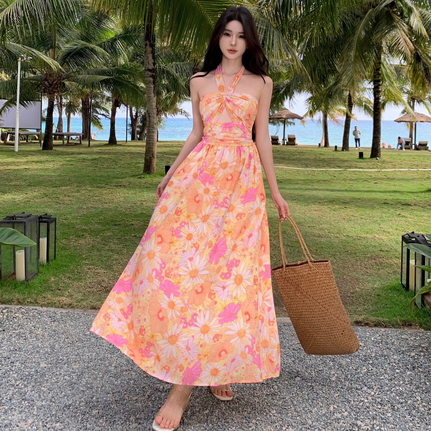 A Korean Seaside Holiday Beach Dress Chiffon Floral Backless Tube Top free delivery