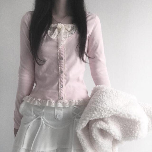 Girl's Lace Stitching Contrast Color Knitted Long-sleeved Top T-shirt free delivery