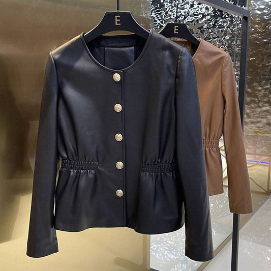 A Round Neck Washed Leather Single-breasted Waist Slim Fit Coat free delivery