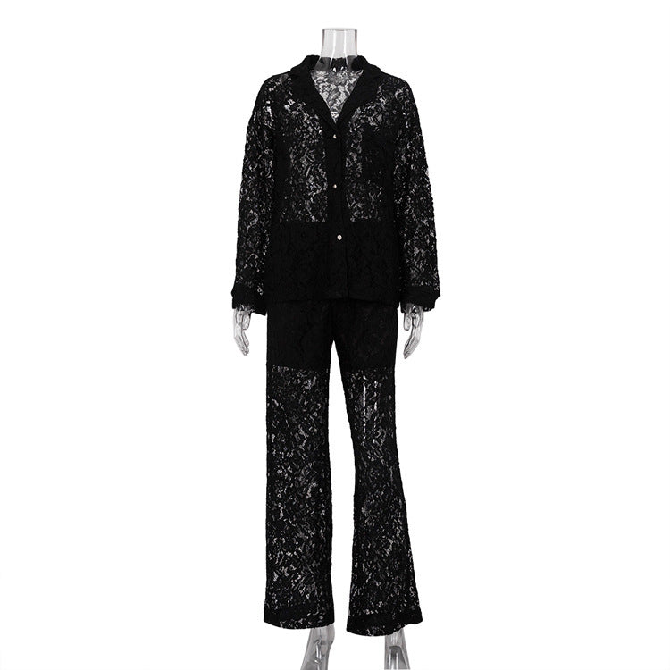 A Lace See-through Sexy Fashion Lapel Shirt Pants Suit free delivery