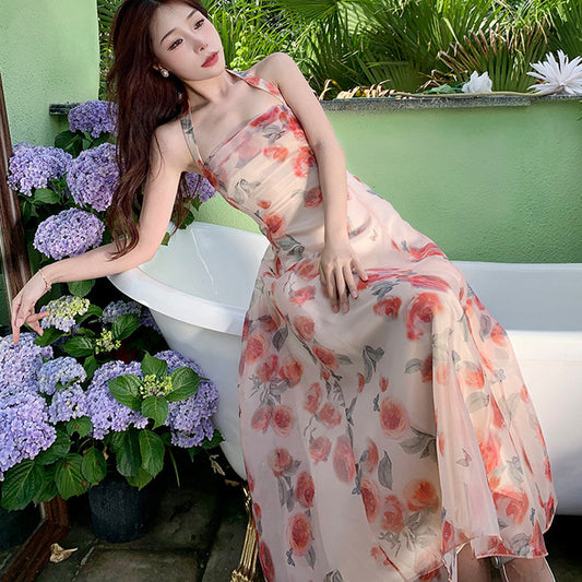 A Women's Backless Holiday Printed Halter Dress free delivery