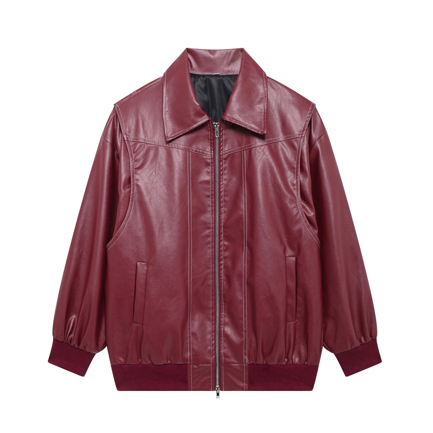 A Loose Fashion Lapel Zip-up Jacket Cool Long Sleeve Zipper Closure Moto Biker Leather Jacket Womens Clothing free delivery