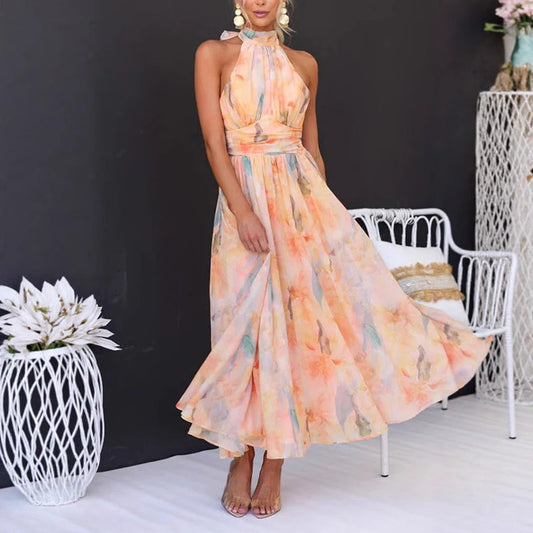 A Women's Clothing Vacation Style Sleeveless Printed Backless Dress free delivery