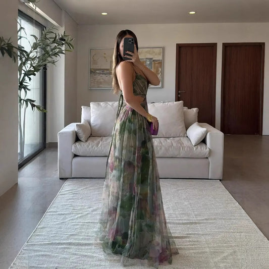 A Mesh Printing Slip Dress Holiday Leisure Party free delivery