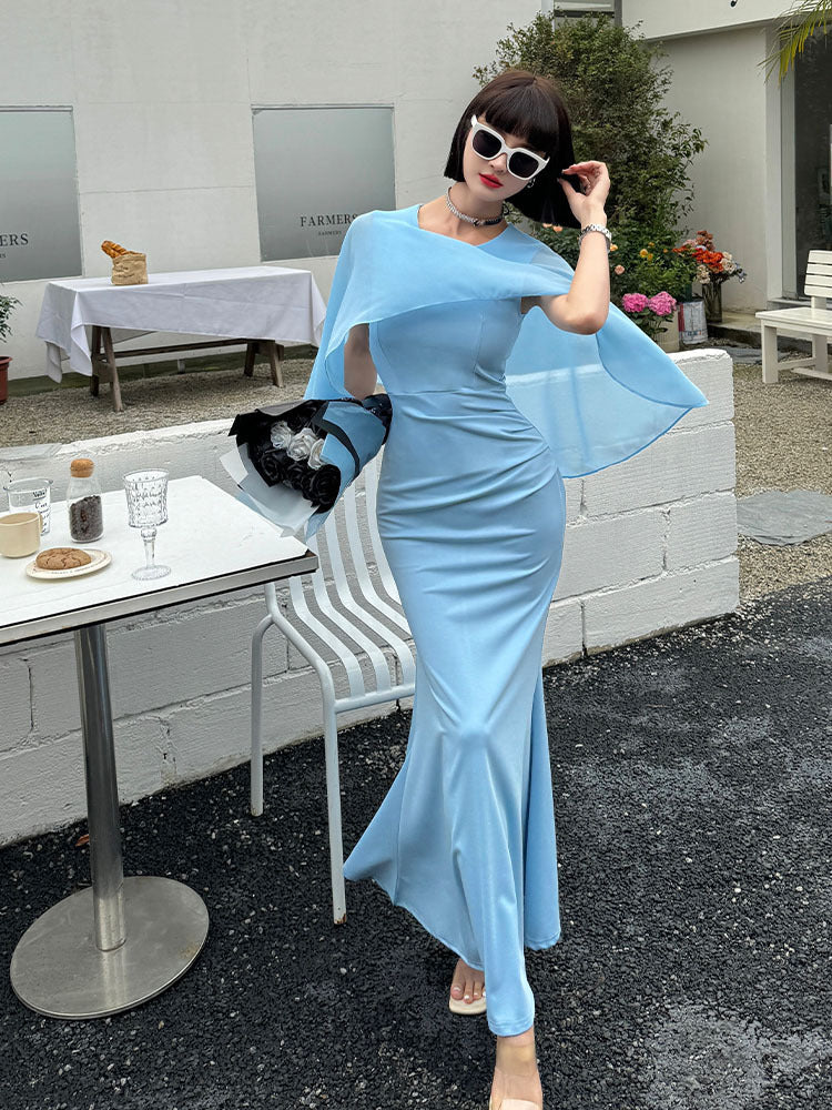 A Homemade Elegant Butterfly Short Sleeve Fishtail Dress free delivery