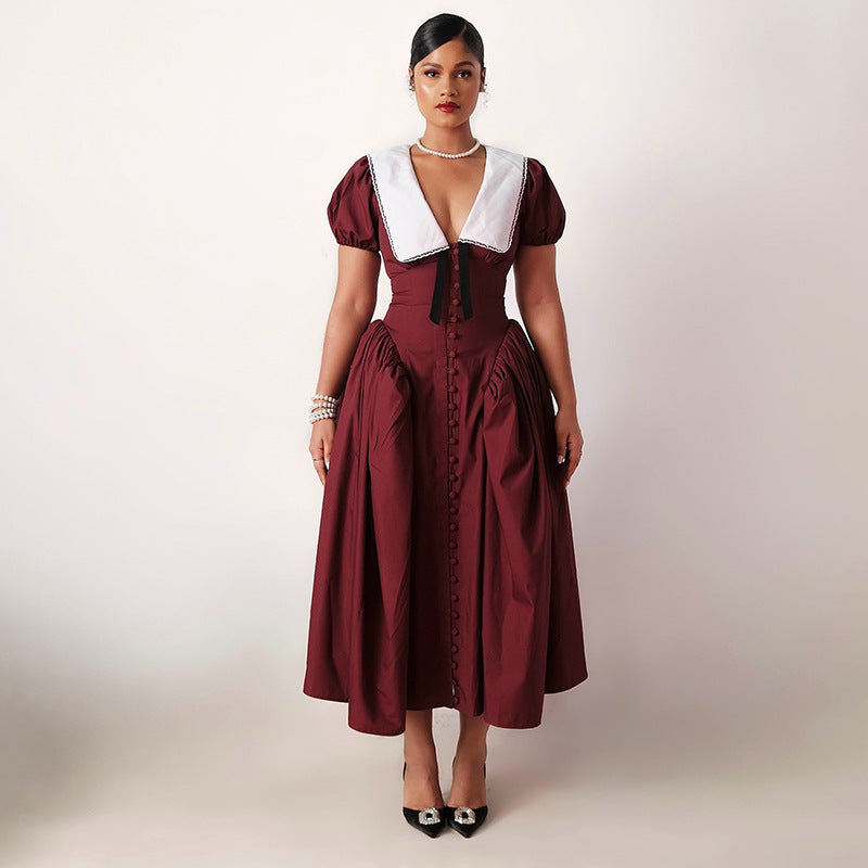 A Elegant Puff Sleeve A-Line Dress | High Waist Temperament-free delivery