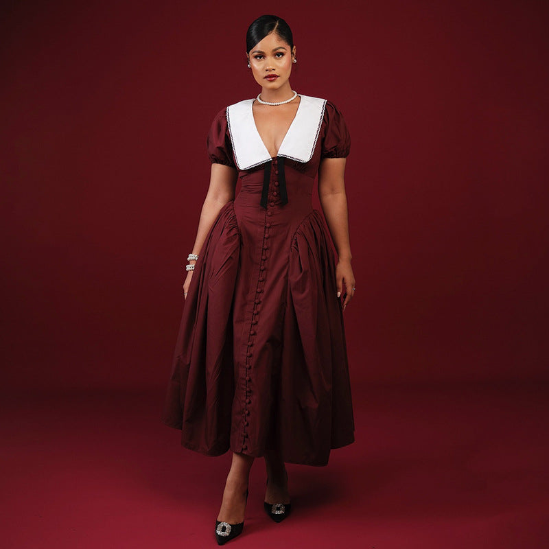 A Elegant Puff Sleeve A-Line Dress | High Waist Temperament-free delivery