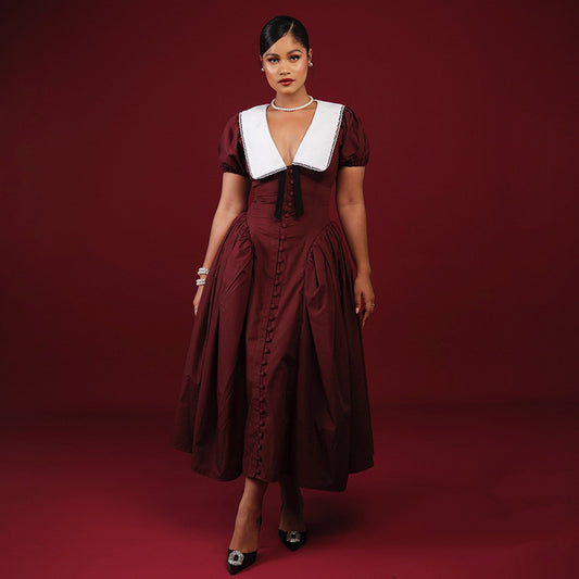 A Elegant Puff Sleeve A-Line Dress | High Waist Temperament-free delivery
